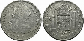 Bolivia Carlo III (1759-1788). AR 8 Reales 1778 PR (40mm, 25,88g), Potosi. KM 55. BB, fondi porosi