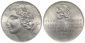 Cecoslovacchia. AR 50 Korun 1968, 50th Anniversary of Czechoslovakia (37mm, 20.10g, 12h). KM 65. SPL