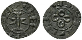 Francia. Melgueil. Raimond (1129-1158) MI Obolo (g. 0,46 ). Palo accostato da due pennoni formanti una croce con punto nel 1° quarto R/ Quattro anelli...