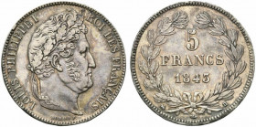 Francia. Luigi Filippo (1830-1848) AR 5 franchi, 1843 Rouen LOUIS PHILIPPE I ROI DES FRANÇAIS testa a destra R/ 5 / FRANCS. KM 749.2; F.324/99 qSPL