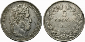 Francia. Luigi Filippo (1830-1848) AR 5 franchi 1846 Parigi (37mm, 24,93g) LOUIS PHILIPPE I - ROI DES FRANÇAIS, testa laureata a destra R/ 5/ FRANCS/ ...