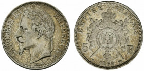 Francia. Napoleone III (1852-1870) AR 5 Franchi 1869 BB - Testa laureata a sibistra R/ Stemma KM. 32.2. BB+, lievi ossidazioni