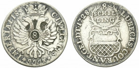 Germania. Lubecca. Carlo VI (1711-1740) AR 8 Schilling 1728 CIVITATIS. - IMPERIALIS. Aquila coronata R/ LUBECKS. COURANT. GELDT. 8 / SCHIL / LING Lege...