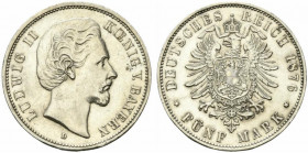 Germania. Ludovico II (1864-1886) AR 5 Mark 1876D. J. 41. 