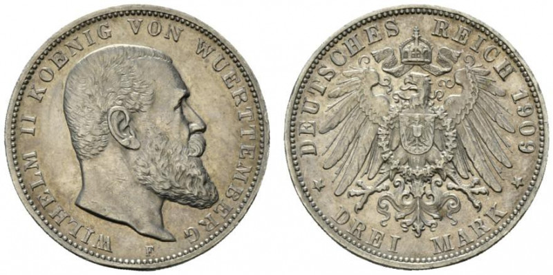 Germania Wuttemberg. Guglielmo II (1891-1918) 3 marchi 1909 F KM 635