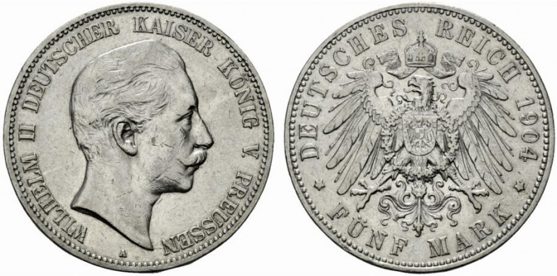 Germania. Guglielmo II (1888-1918) AR 5 marchi 1904 A, Berlino. KM523.