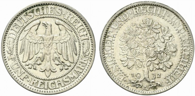 Germania. Repubblica di Weimar. AR 5 Marchi 1932 A, Berlino. KM-56.