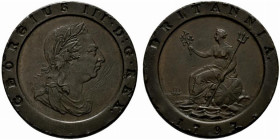 Gran Bretagna. George III (1760-1820) AE 2 pence 1797 (41 mm.). Soho (Birmingham). GEORGIUS III · D : G · REX, Busto laureato, drappeggiato e corazzat...