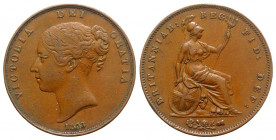 Gran Bretagna. Vittoria (1837-1901). Penny 1853 (34mm, 18.81g, 12h). Testa a sinistra R/ Britannia seduta a d. Su cippo e scudo. . KM 739. BB+