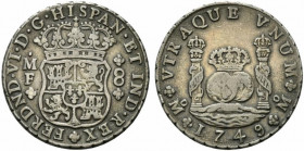 Messico. Ferdinando VI (1746-1759) AR 8 reales 1749 Mo-FM, Mexico City. Stemma coronato. R/ Due Globi coronati entro colonne. KM 104.1; Cal. 322. BB+