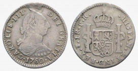 Messico. Carlo III (1759-1788). AR 1 Real 1780 (21mm, 3.21g, 12h). Busto a destra. R/ Stemma coronato. Calicò 1562. qBB