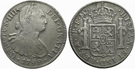 Messico. Carlo IV (1788-1808) AR 8 reales 1799. Busto a destra R/ Stemma coronato. KM 107. BB