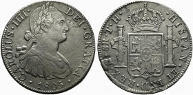 Messico. Carlo IV (1788-1808) AR 8 reales 1805. Busto a destra R/ Stemma coronato. KM 107. BB