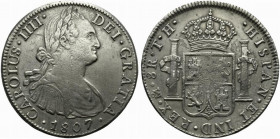 Messico. Carlo IV (1788-1808) AR 8 reales 1807. Busto a destra R/ Stemma coronato. KM 107. BB