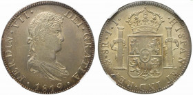 Messico. Ferdinando VII (1808-1833) AR 8 reales 1819 II. Busto a destra R/ Stemma coronato. KM 111. SPL, NGC encapsulation graded AU 58.