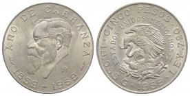Messico. AR 5 Pesos 1959, Centennial of Carranza's Birth (36mm, 18.12g, 6h). KM 471. SPL