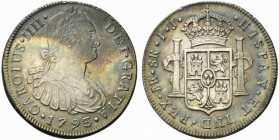 Peru. Carlo IV (1788-1808) AR 8 Reales 1793 ME-IJ, Lima. Busto a destra. R/ Stemma coronato. KM 97. Calicó 647; Cayón 13863. BB+