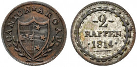 Svizzera. Aargau 2 Rappen 1814 (1,30g). Stemma R/ Legenda entro corona. D./T. 2-6e; KM. 11.  BB+