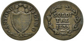 Svizzera. Canton Ticino, MI 3 Soldi 1835 (1.75 g). Stemma R/ Legenda entro corona.  HMZ 2-928c. BB+