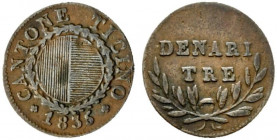 Svizzera. Canton Ticino, AE 3 Denari 1835 (1.72g). HMZ 2-930b. BB+