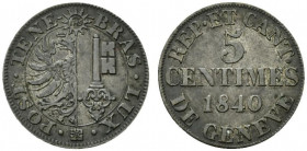 Svizzera. Ginevra – Geneve. 5 centesimi 1840 Stemma R/ Legenda e valore. KM 131. BB+