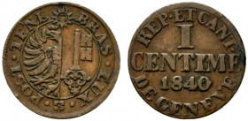Svizzera. Ginevra – Geneve AE 1 Centesimo, 1840 (0.7g.). Stemma R/ Legenda e valore. KM 125, HMZ 2-370a. BB+