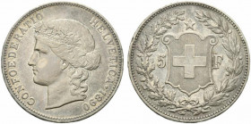 Svizzera. AR 5 franchi 1890 B. Dav. 392; KM 34. BB+ tacche al bordo