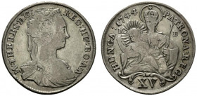 Ungheria. Maria Theresia (1740-1780) AR 15 kreutzer 1744, Kremnitz. K-B. M•THERES•D:G-REG:HU:BO•A•A• Busto diad. A ds. R/ PATRONA•-REG - HUNGA•1744• B...