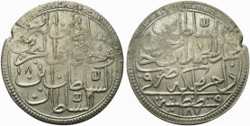 Turchia. Impero Ottomano, Abdul Hamid I (AH 1187-1203 / AD 1774-1789). AR 2 Kurush (44.83mm, 26.40g), Qustantiniya, AH 1187. KM 402. BB+