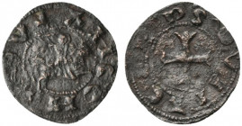 ANCONA.Anonime (sec. XV) Quattrino (g. 0,42). DE ANCONA. Cavaliere al galoppo verso ds., con spada sguainata R/ PP S QVI RIACVS. Croce con estremità t...