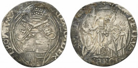 ANCONA.Alessandro VI (1492-1503) Grosso (g. 2,82). Stemma sormontato da triregno e chiavi decussate, entro doppia cornice quadrilobata. R/ SS. Pietro ...