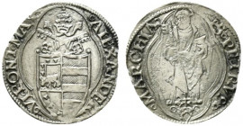 ANCONA.Alessandro VI (1492-1503) Terzo di grosso (g. 0,86). ALEXANDER VI PONT M Stemma sormontato da triregno e chiavi decussate entro cornice quadril...