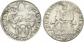 ANCONA.Gregorio XIII (1572-1585) Testone (g. 8,53). GREGORIVS - XIII PON M. Stemma ovale sormontato da triregno e chiavi decussate. R/ S - PETRVS - AP...