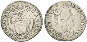 ANCONA.Gregorio XIII (1572-1585) Testone (g. 9,49). GREGORI - XIII P MAX. Stemma ovale sormontato da triregno e chiavi decussate. R/ S – PET RVS – ANC...