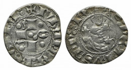 AQUILA. Giovanna II (1414-1435) Bolognino (g. 1,12). Aquila spiegata R/ Busto frontale di S. Pietro Celestino con croce astile. MIR 62, MEC 747 AR RAR...