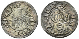 AQUILA. Giovanna II (1414-1435) Cella (g. 1,27). Aquila spiegata R/ S. Pietro Celestino in trono, benedicente e con croce astile. MIR 58 var. AR RARO ...