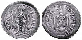 AQUILEIA. Pietro Gera (1299-12301) Denaro (g. 1,1) Patriarca seduto in faldistorio con croce astile e libro R/ Aquila spiegata con stemma nel petto. B...