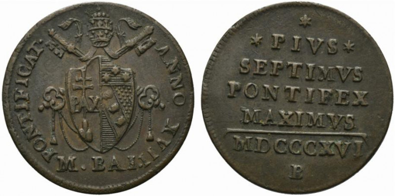 BOLOGNA. Pio VII (1800-1823) Mezzo baiocco 1816/ XVII (3 tipo) (g. 0,69). PONTIF...