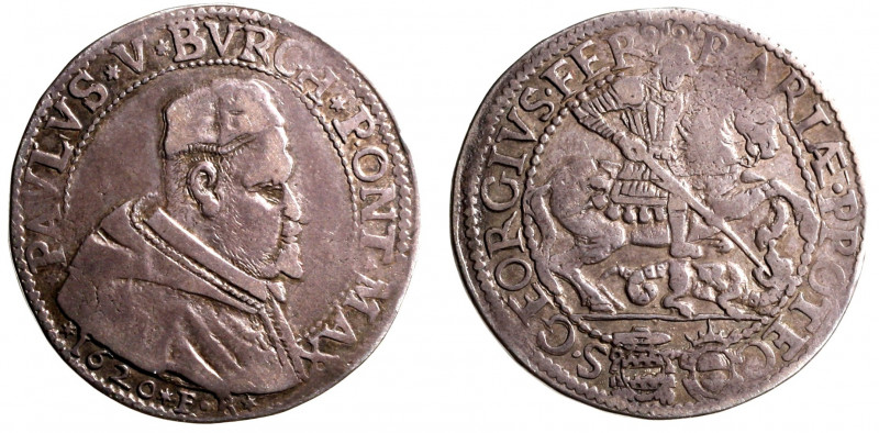 FERRARA. Paolo V (1605-1621) Testone 1620 (g. 9,52). Busto a ds. R/ S. Giorgio t...