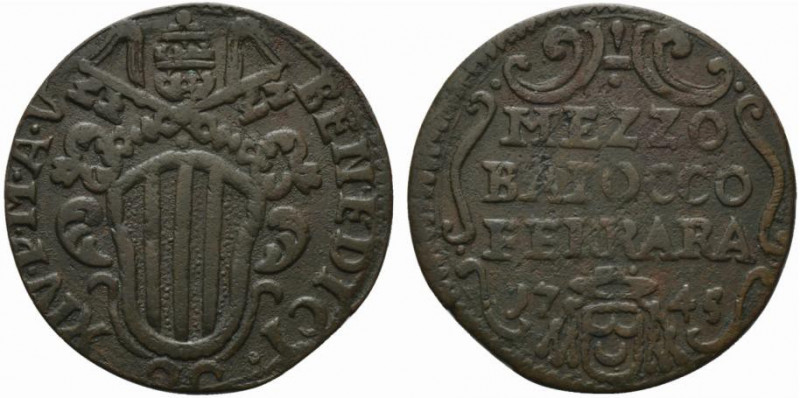 FERRARA. Benedetto XIV (1740-1758) Mezzo baiocco 1745/ V (g. 4,62). Stemma R/ ME...