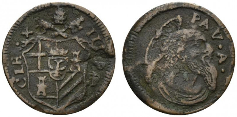 GUBBIO. Clemente XIII (1758-1769) Quattrino (g. 2,27) Stemma R/ Testa di S. Paol...