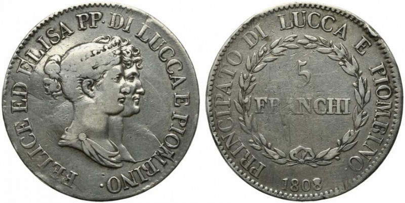 LUCCA. Felice Baciocchi & Elisa Bonaparte (1805-1814) 5 franchi 1808 (24,79). Bu...