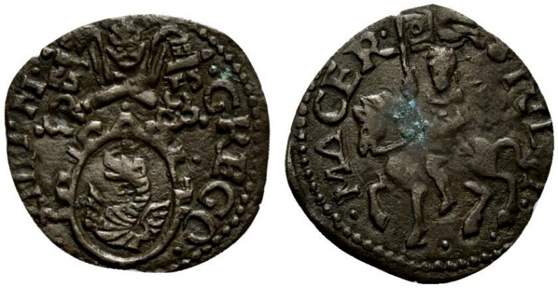 MACERATA. Gregorio XIII (1572-85) Quattrino (g. 0,6). GREGO XIII P M Stemma R/ S...