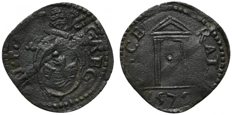 MACERATA. Gregorio XIII (1572-1585) Quattrino (g. 0,63). Stemma ovale R/ Porta S...