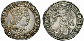 NAPOLI. Ferdinando I d´Aragona (1458-1494) Coronato (g. 3,96). FERRANDVS D G R SICILIE HIER Busto coronato e corazzato volto a ds.; dietro la nuca, le...