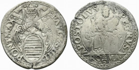 ROMA. Paolo IV (1555-1559) Testone (g. 9,44). PAVLVS IIII PONT MAX, stemma ovale sormontato da chiavi decussate con doppi cordoni, e triregno. R/ S PE...