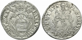 ROMA. Paolo IV (1555-1559) Testone (g. 8,42). PAVLVS IIII PONT MAX, stemma ovale sormontato da chiavi decussate con doppi cordoni, e triregno. R/ S PE...