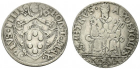 ROMA. Pio IV (1559-1565) Testone (g. 8,49). PIVS IIII PONT MAX, stemma ovale sormontato da chiavi decussate con doppi cordoni, e triregno. R/ S PETRVS...