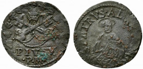 ROMA. Pio IV (1559-1565) Quattrino (g. 0,99). Tiara su chiavi decussate legate R/ Mezza figura di San Pietro. Munt. 25 var. 2; Berm. 1104. MI - qSPL
