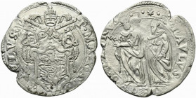 ROMA. Paolo V (1605-1621) Testone A/ IV (g. 9,46). ·PAVLVS·V P·MAX·A·IIII, Stemma a targa sormontato da chiavi decussate e triregno. R/ S·PETRVS· * ·S...